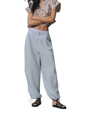 Anthropologie Garden Blue High-Waist Wide-Leg Balloon Pants Size 8 Linen Blend